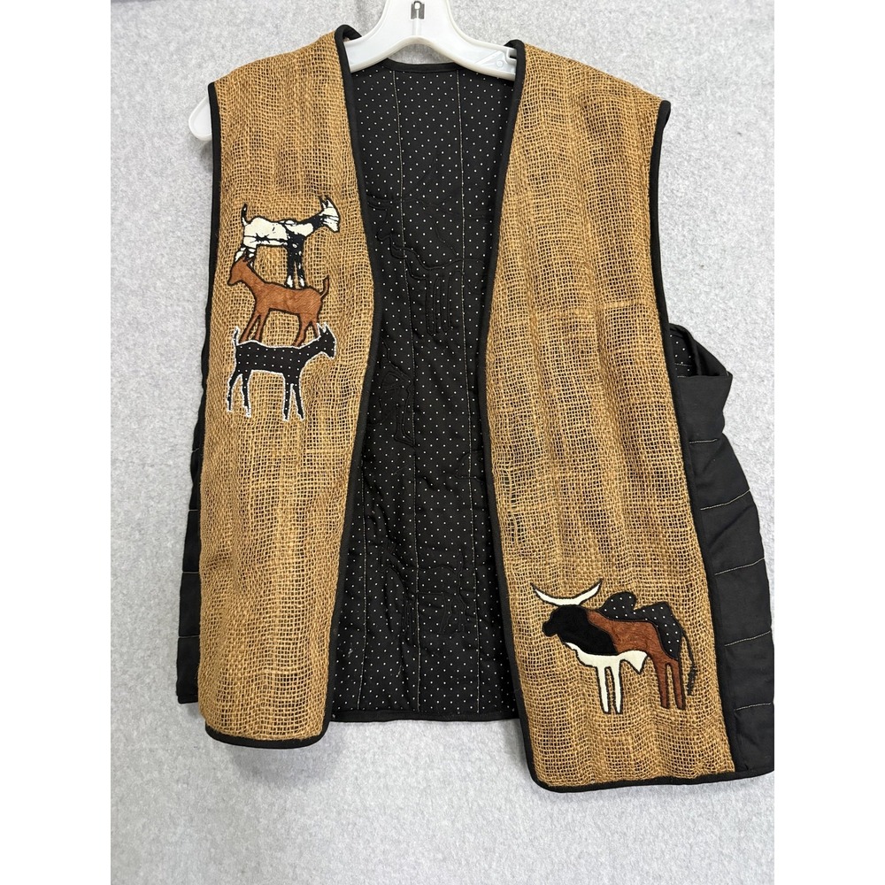 Brown Hemp Quilted Animal Vest Womens XL Cow Applique Open Front Padded Lined - Picture 1 of 11